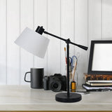 Sarantino Adjustable Black Metal Table Lamp with White Linen Fabric Shade Modern Bedside Desk Reading Light