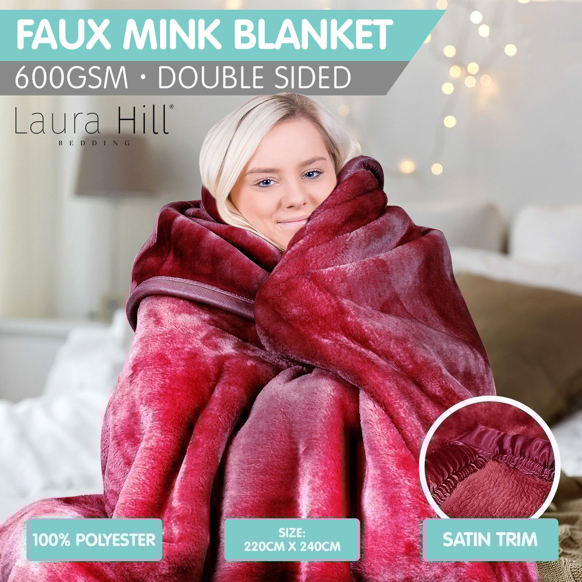 Laura Hill Mink Blanket Double Sided Queen Size Soft Plush Bed Faux Throw 220 X 240cm