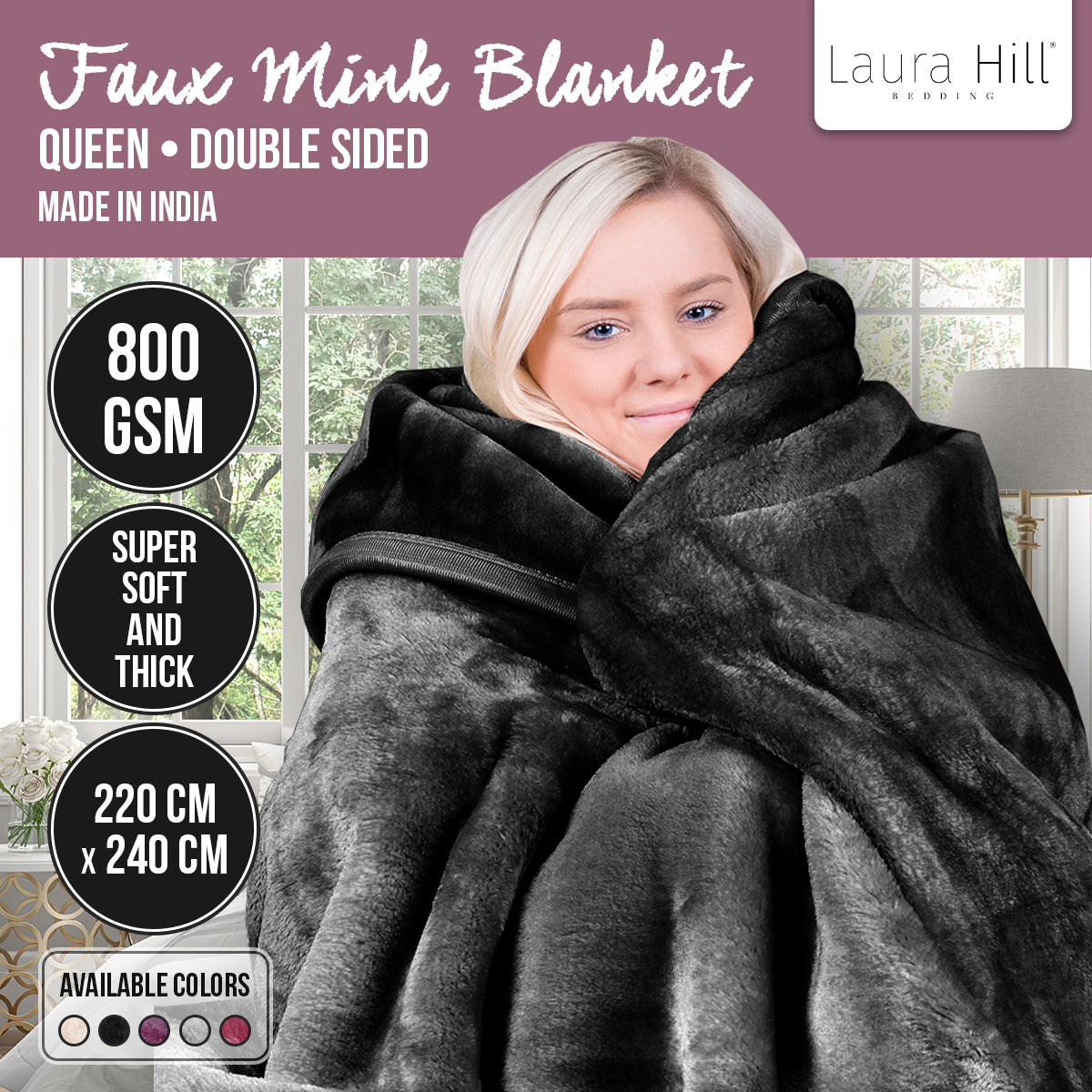 Laura Hill 800-gsm Faux Mink Throw Blanket Queen Size Double-sided Large Super Luxurious Soft Heavy - Black