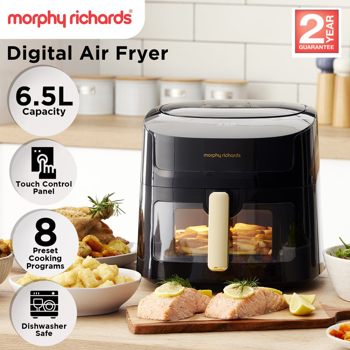 Morphy Richards 6.5L Digital Air Fryer MRAF72BK w/LED Touch Control Panel 8 Preset Cooking Programs Non Stick Drawer