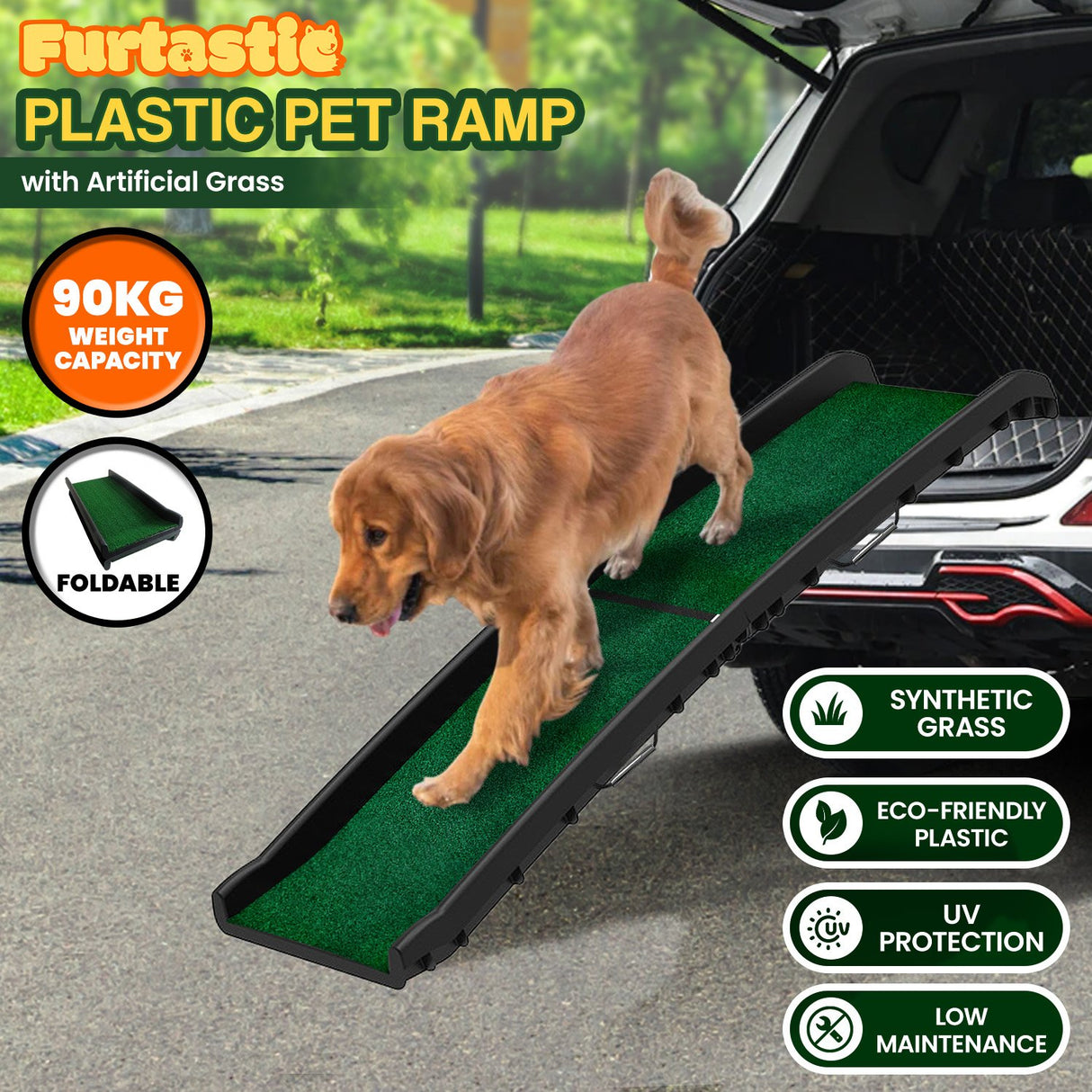 Furtastic Foldable Plastic Dog Ramp with Synthetic Grass