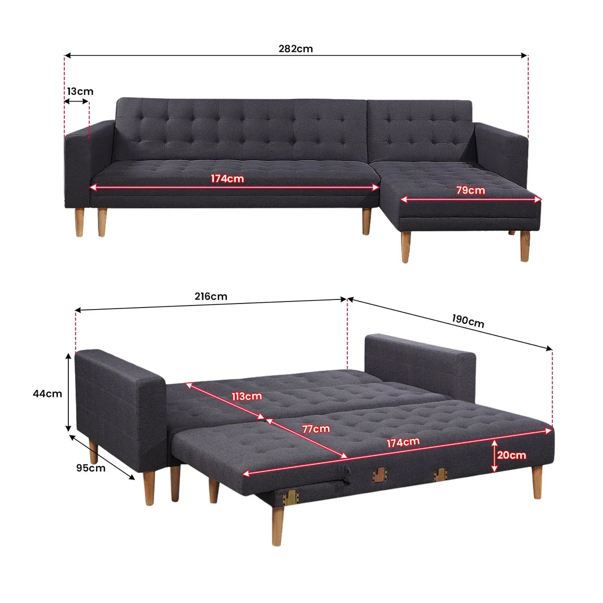 Sarantino Linen Fabric Corner Sofa Bed Couch Lounge With Chaise Furniture - Dark Grey