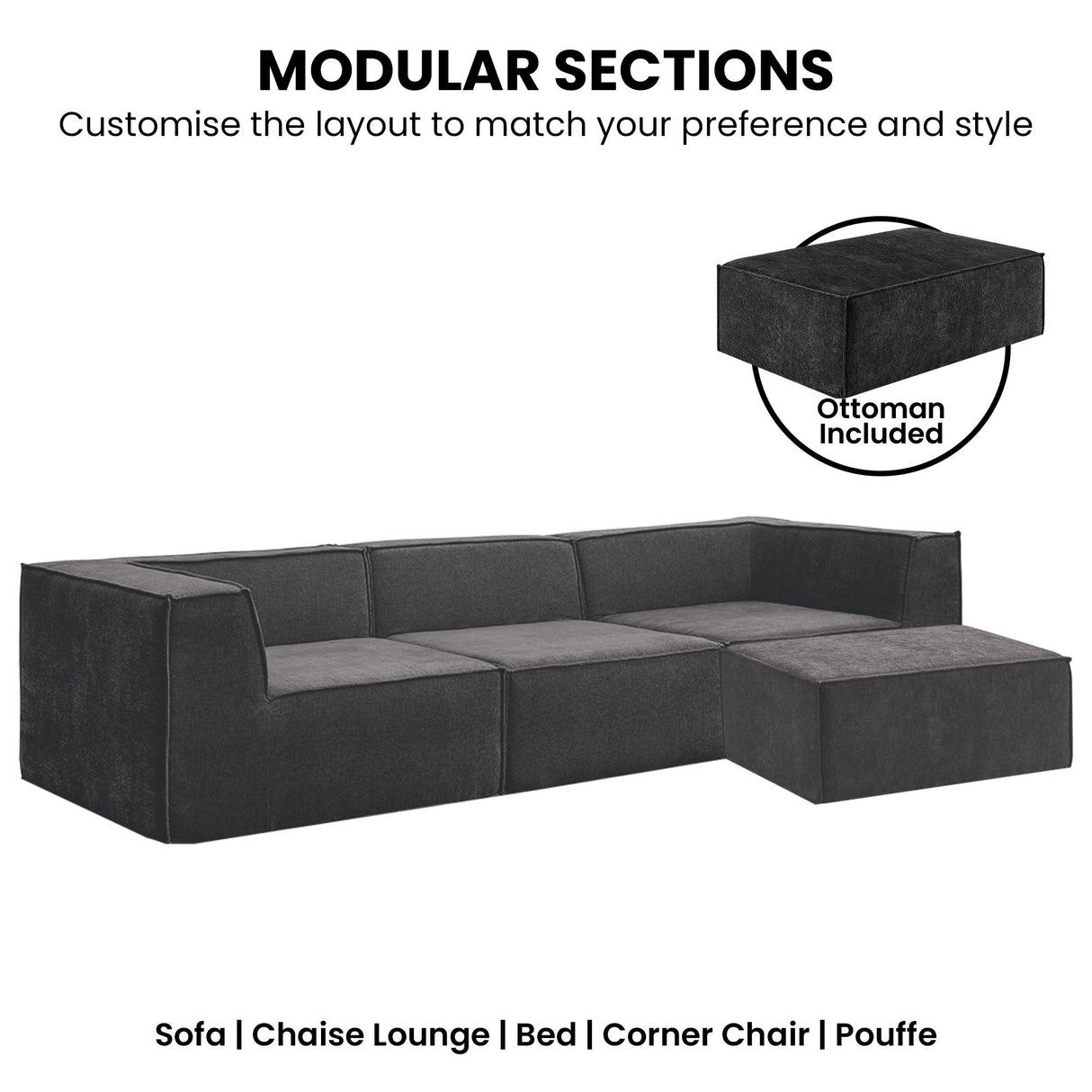 Sarantino Novi 3-Seater Modular Sofa with Ottoman in Black Non-Slip Bottom Lounge