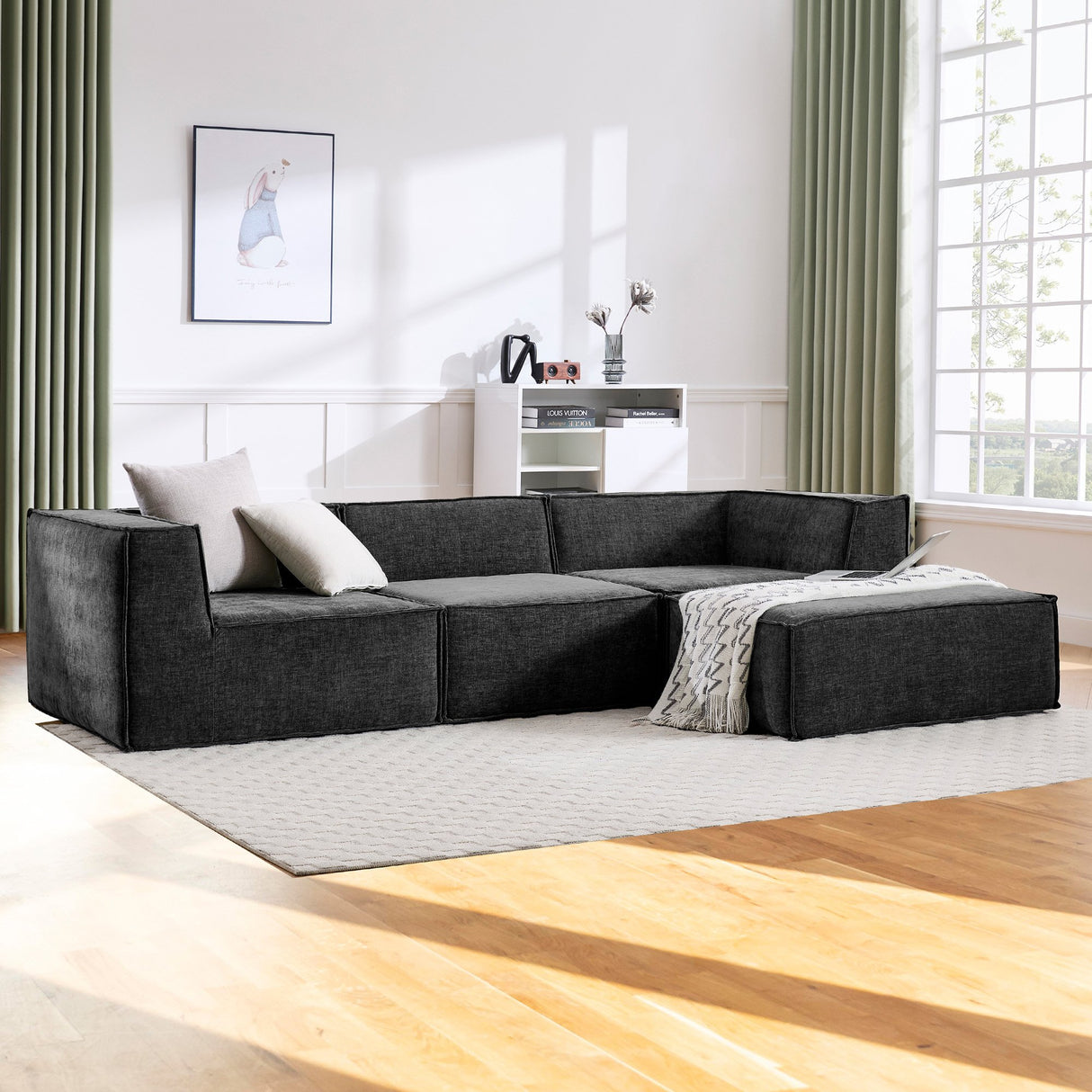 Sarantino Novi 3-Seater Modular Sofa with Ottoman in Black Non-Slip Bottom Lounge