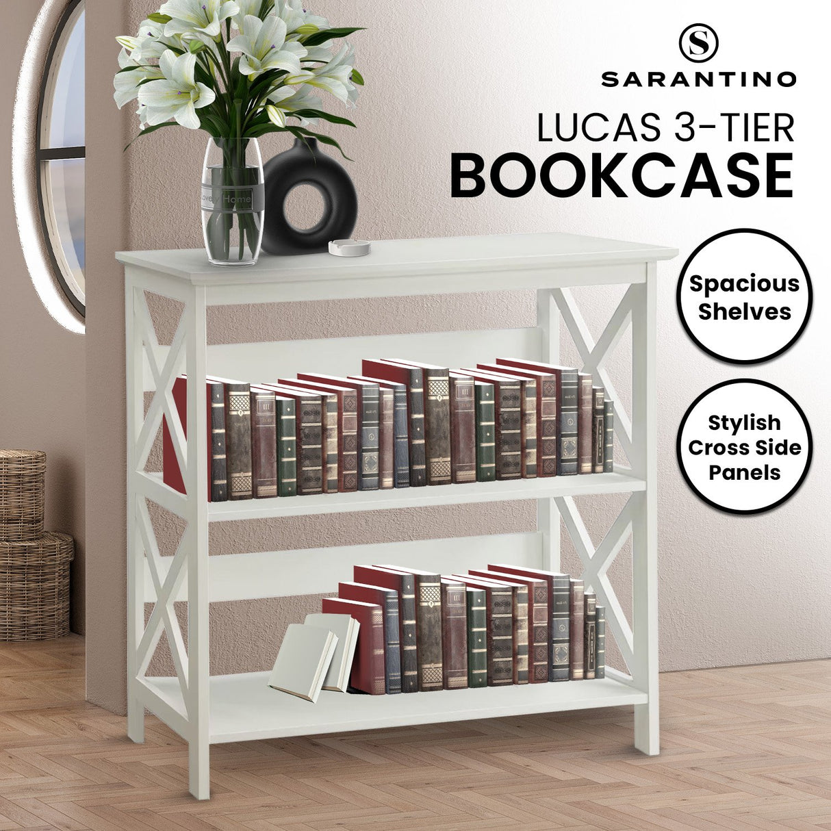Sarantino Lucas 3-Tier Bookshelf Display Rack in White