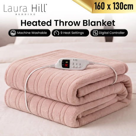 Laura Hill Electric Heated Blanket Throw Soft Coral Fleece w/ 9 Heat Settings - Pink