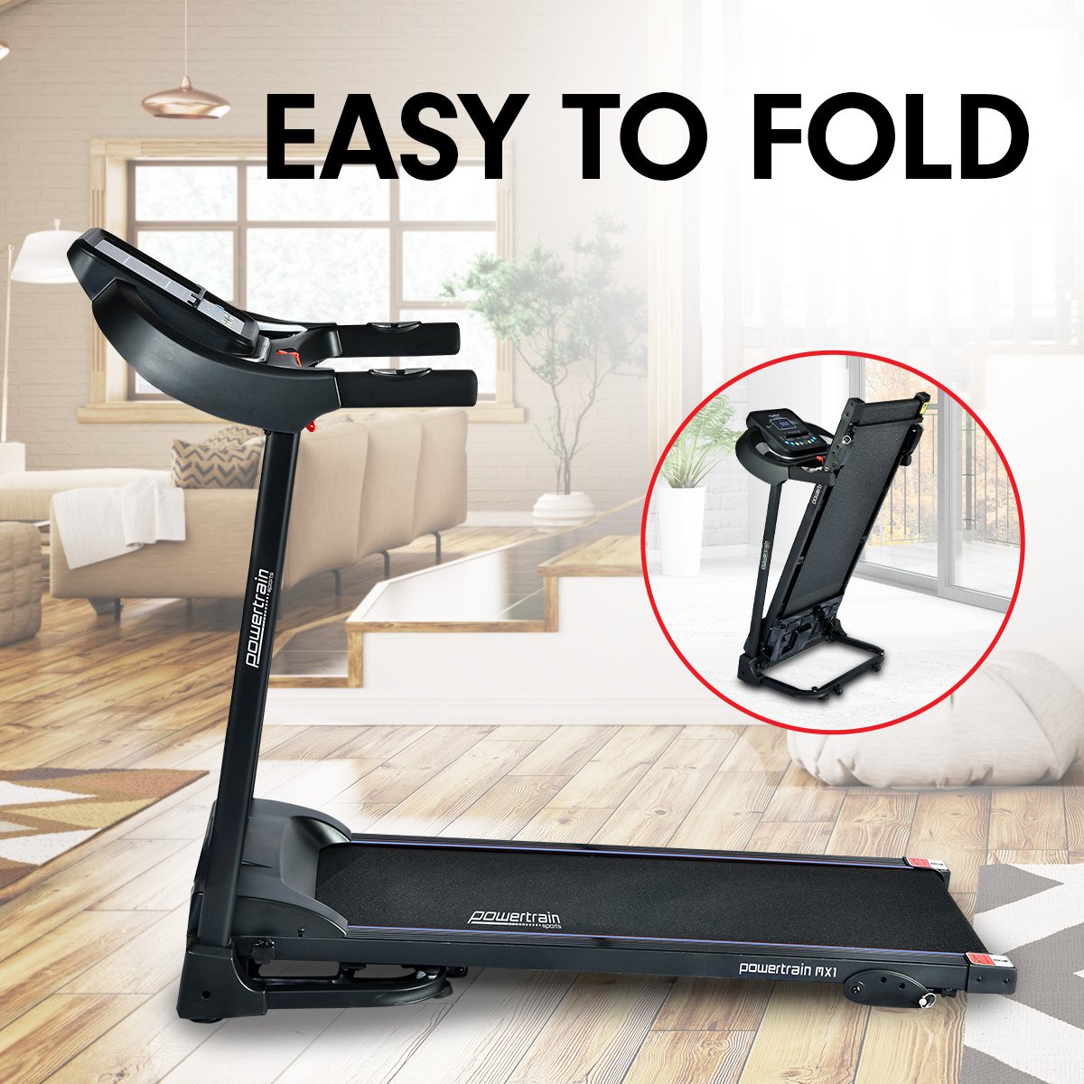 Powertrain MX1 Foldable Home Treadmill for Cardio Jogging Fitness