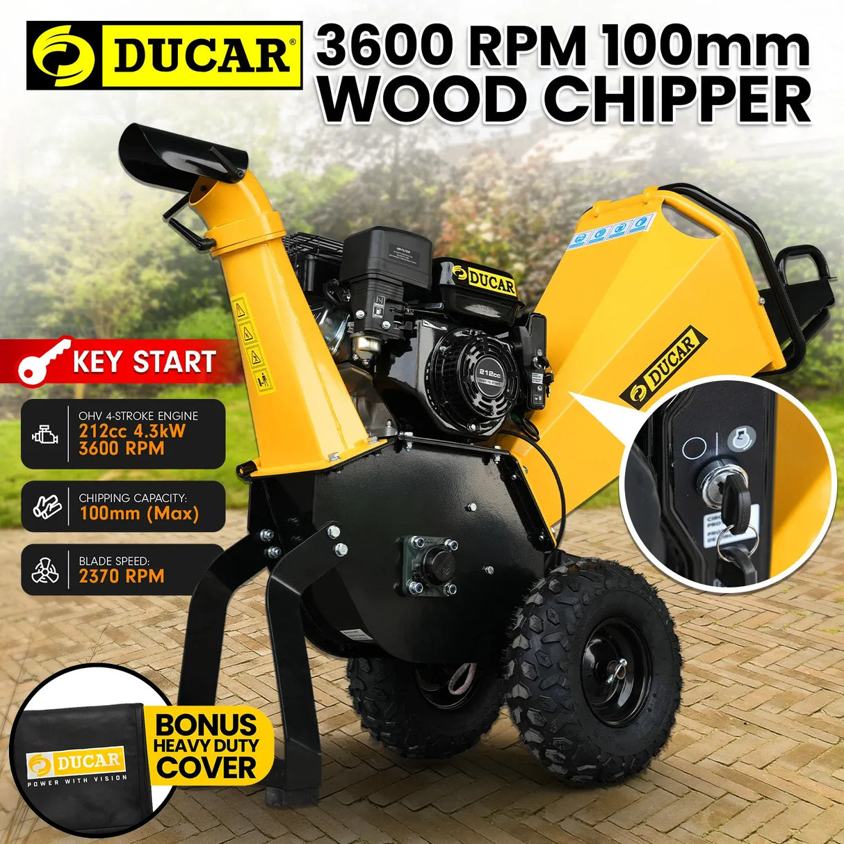 Ducar 70p 3600 Rpm Yellow Black Wood Chipper Shredder Mulcher Grinder Recoil & Electrical Starting System 100mm Capacity Ohv 4-stroke Engine 212cc Unleaded Petrol