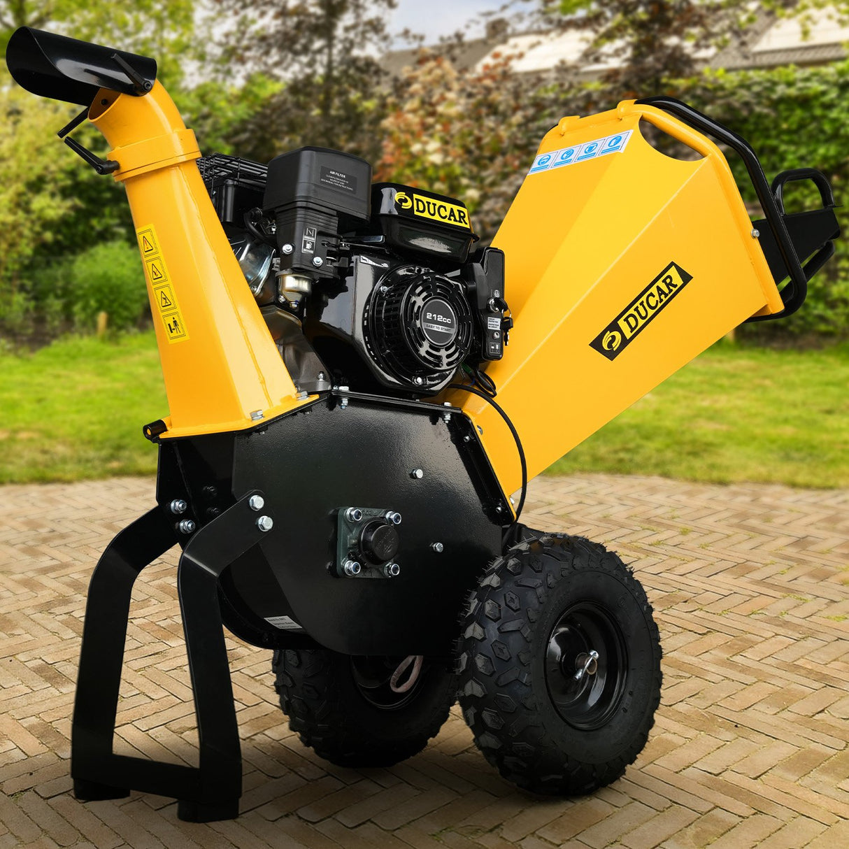 Ducar 70p 3600 Rpm Yellow Black Wood Chipper Shredder Mulcher Grinder Recoil & Electrical Starting System 100mm Capacity Ohv 4-stroke Engine 212cc Unleaded Petrol
