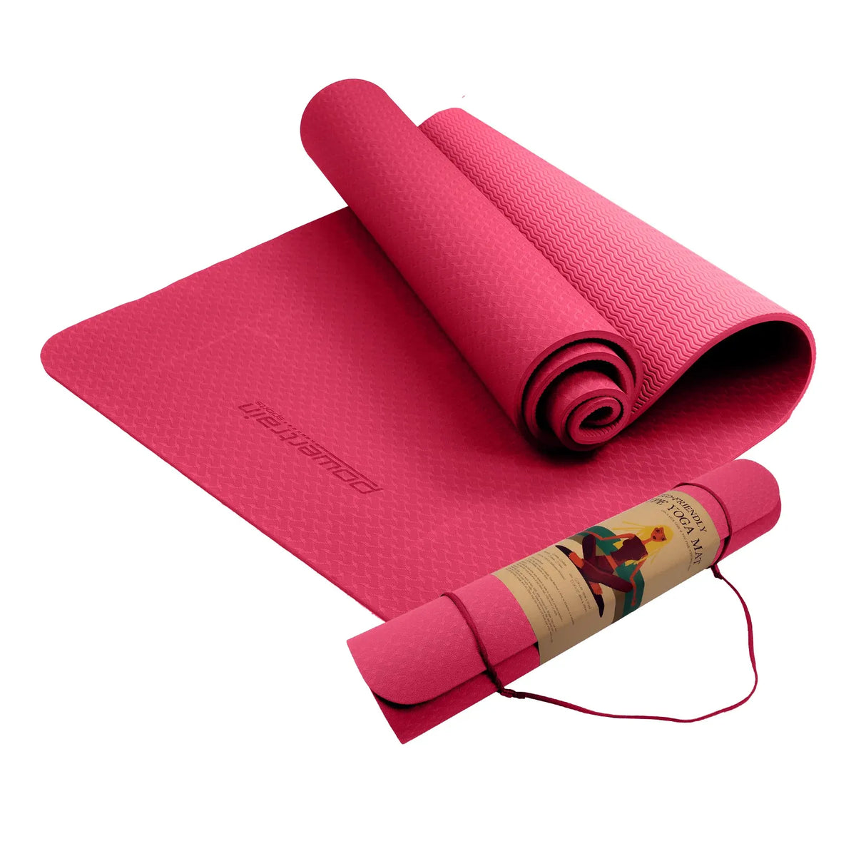 Powertrain 6mm Non-Slip TPE Yoga Mat Double Layer Exercise Pilates Fitness Workout Mat with Carry Strap - Rose Pink