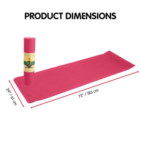 Powertrain 6mm Non-Slip TPE Yoga Mat Double Layer Exercise Pilates Fitness Workout Mat with Carry Strap - Rose Pink