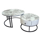 Snowy Mountain Faux Modern Marble Slate Nesting Coffee Table Set Leather Wrapped Wood Drawers