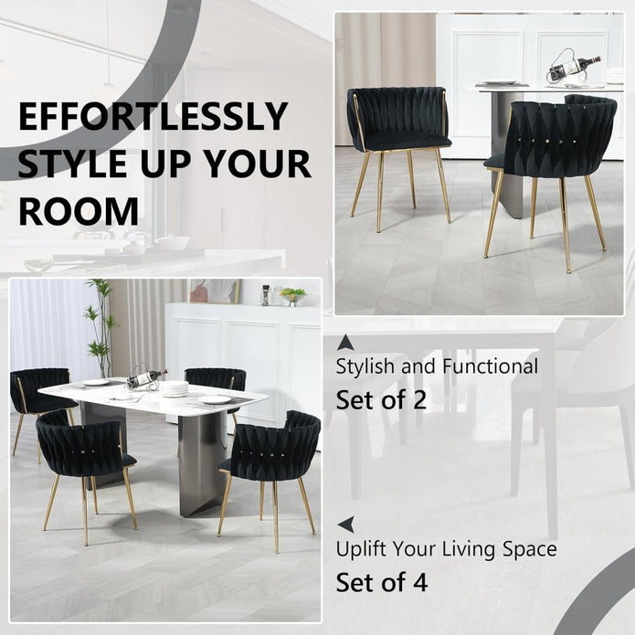 SERENITà Black Modern Hand Weaving Dining Chairs,Velvet Upholstered Side Chairs with Gold Legs, Chic Vanity Chairs with Armrest, Accent Chair for Dining Room, and Cafe Set of 2
