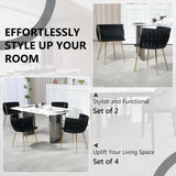 SERENITà Black Modern Hand Weaving Dining Chairs,Velvet Upholstered Side Chairs with Gold Legs, Chic Vanity Chairs with Armrest, Accent Chair for Dining Room, and Cafe Set of 2