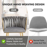 SERENITà Grey Modern Hand Weaving Dining Chairs,Velvet Upholstered Side Chairs with Gold Legs, Chic Vanity Chairs with Armrest, Accent Chair for Dining Room, and Cafe Set of 2