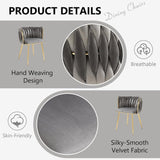 SERENITà Grey Modern Hand Weaving Dining Chairs,Velvet Upholstered Side Chairs with Gold Legs, Chic Vanity Chairs with Armrest, Accent Chair for Dining Room, and Cafe Set of 2