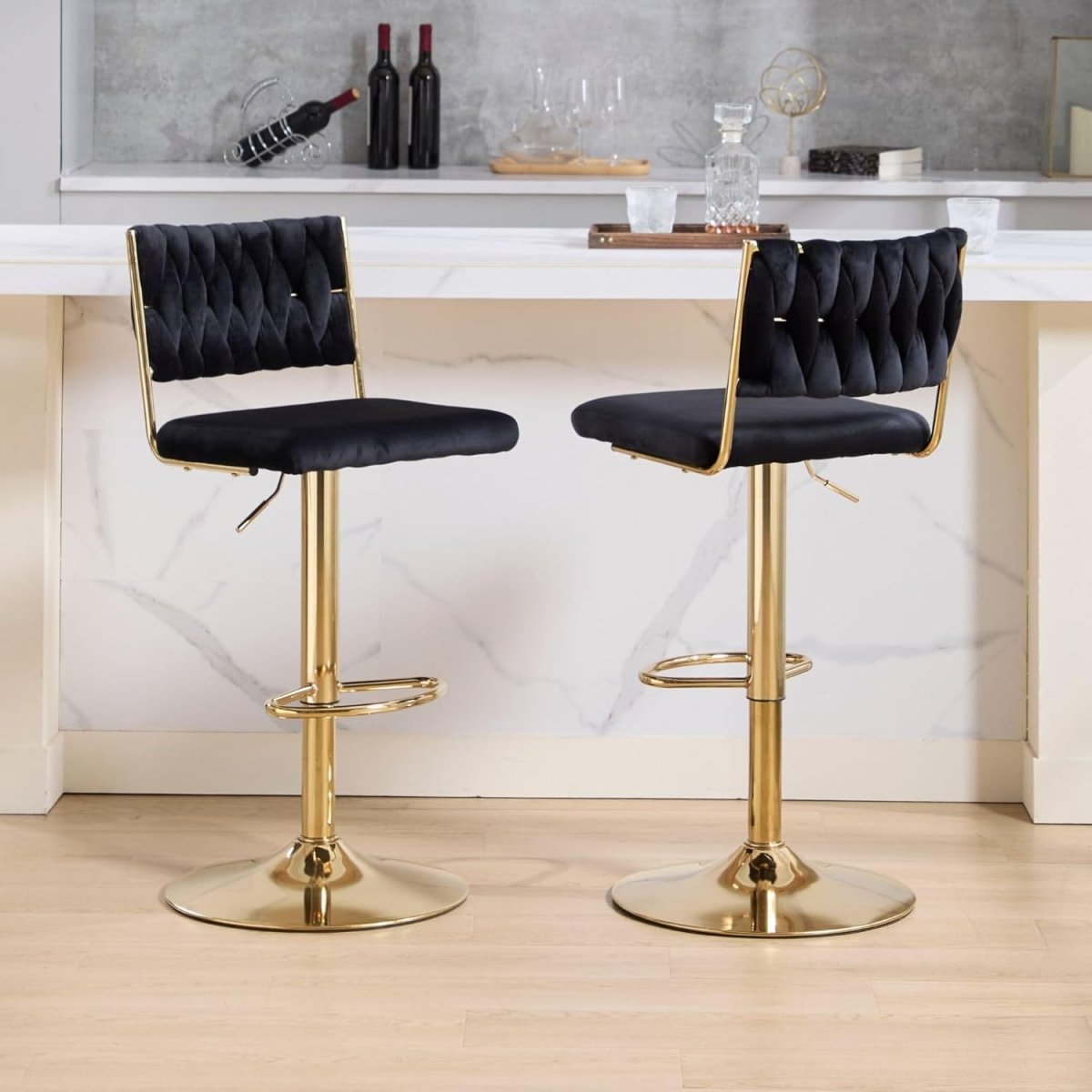 SERENITà  2x Velvet Bar Stools with Braided Back Elegant Kitchen High Chairs, Kitchen Island Stools Adjustable Height Swivel Bar Chairs with Gold Legs for Home-Black