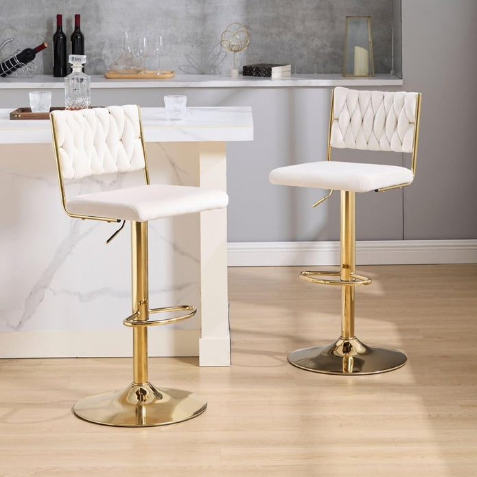 SERENITà  2x Velvet Bar Stools with Braided Back Elegant Kitchen High Chairs, Kitchen Island Stools Adjustable Height Swivel Bar Chairs with Gold Legs for Home-White
