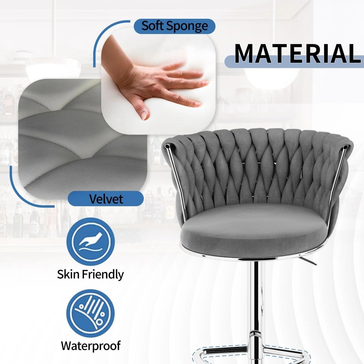 SERENITà Modern Silver Swivel Upholstered Velvet Adjustable Height Counter Stool with Metal Frame Grey (Set of 2)