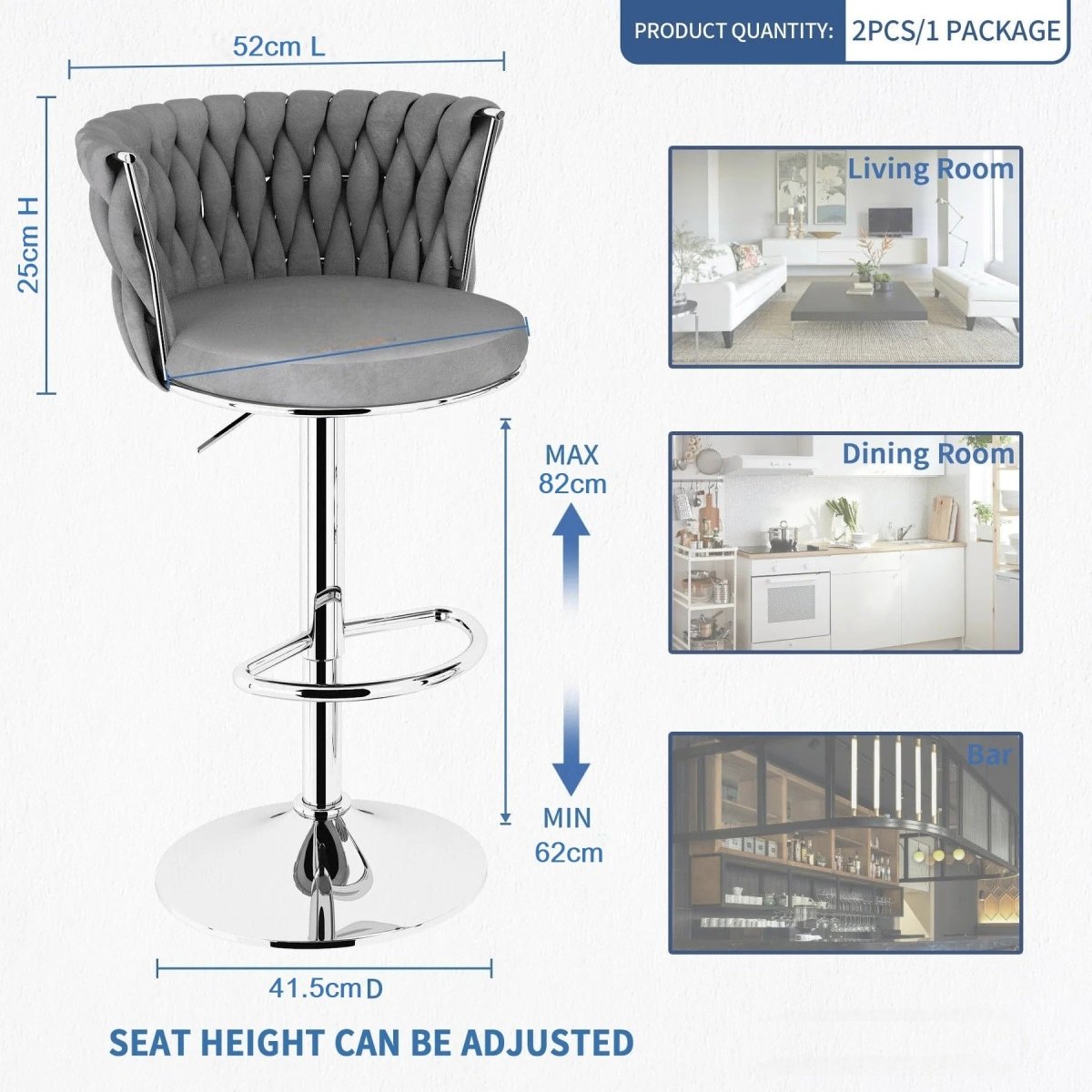 SERENITà Modern Silver Swivel Upholstered Velvet Adjustable Height Counter Stool with Metal Frame Grey (Set of 2)