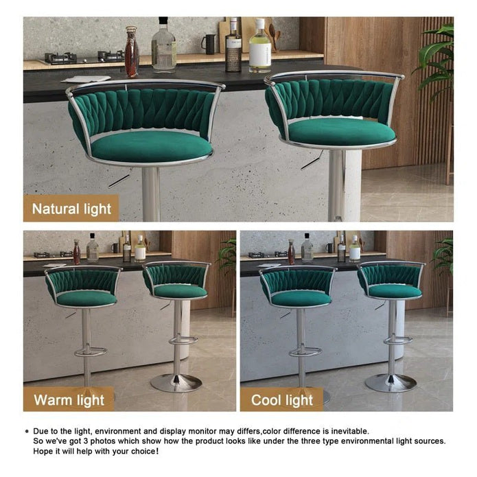 SERENITà Silver Swivel Upholstered Velvet Adjustable Height Counter Stool with Metal Frame Emerald Green (Set of 2)