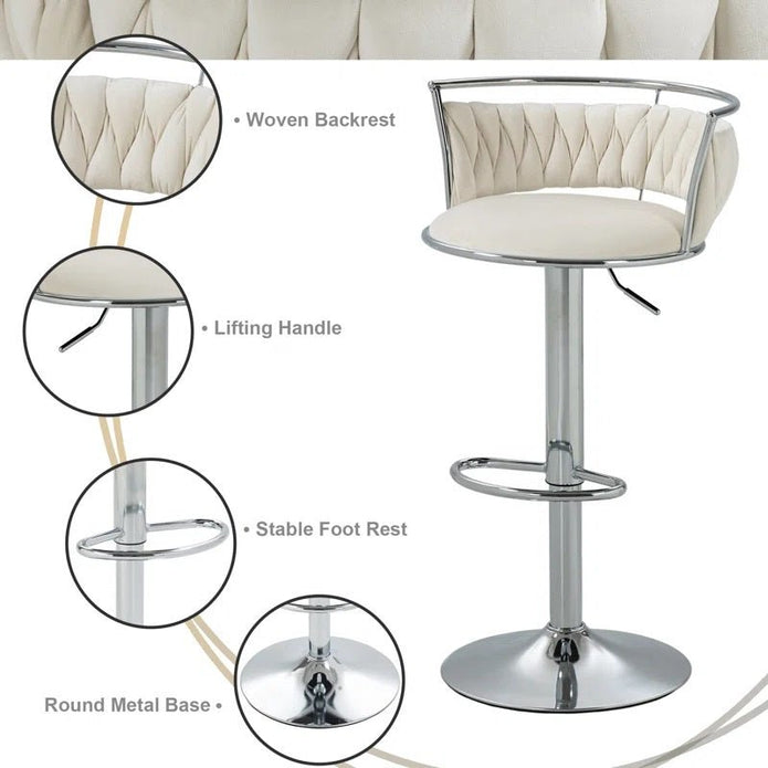SERENITà Silver Swivel Upholstered Velvet Adjustable Height Counter Stool with Metal Frame White (Set of 2)