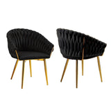SERENITà Black Modern Velvet Dining Chairs, Upholstered Living Room Chair with Woven Back and Golden Metal Legs, Mid-Century Accent Set of 2(BLACK)