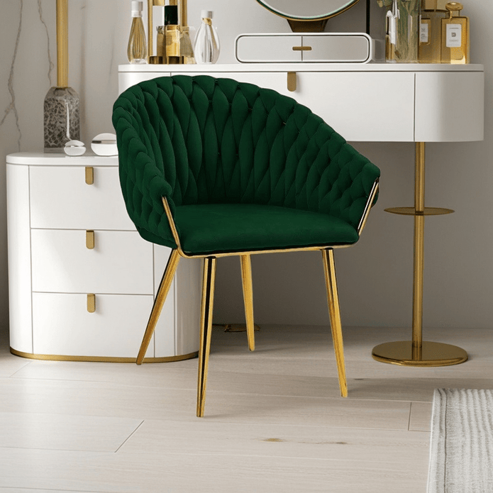SERENITà Emerald Green Modern Velvet Dining Chairs, Upholstered Living Room Chair with Woven Back and Golden Metal Legs, Mid-Century Accent Set of 2(GREEN)