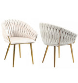 SERENITà Ivory Modern Velvet Dining Chairs, Upholstered Living Room Chair with Woven Back and Golden Metal Legs, Mid-Century Accent Set of 2(Ivory)