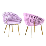 SERENITà Pink Modern Velvet Dining Chairs, Upholstered Living Room Chair with Woven Back and Golden Metal Legs, Mid-Century Accent Set of 2(Pink)