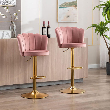 SERENITà Swivel Bar Stools Bar Height Set of 2 Adjustable Upholstered Counter Barstool Velvet Bar Chairs with Back/Gold Base for Kitchen Island/Bar/Cafe-Pink