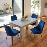 5Pc Grey Rectangular Dining Table with 4x Blue Velvet Chairs