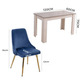 5Pc Grey Rectangular Dining Table with 4x Blue Velvet Chairs