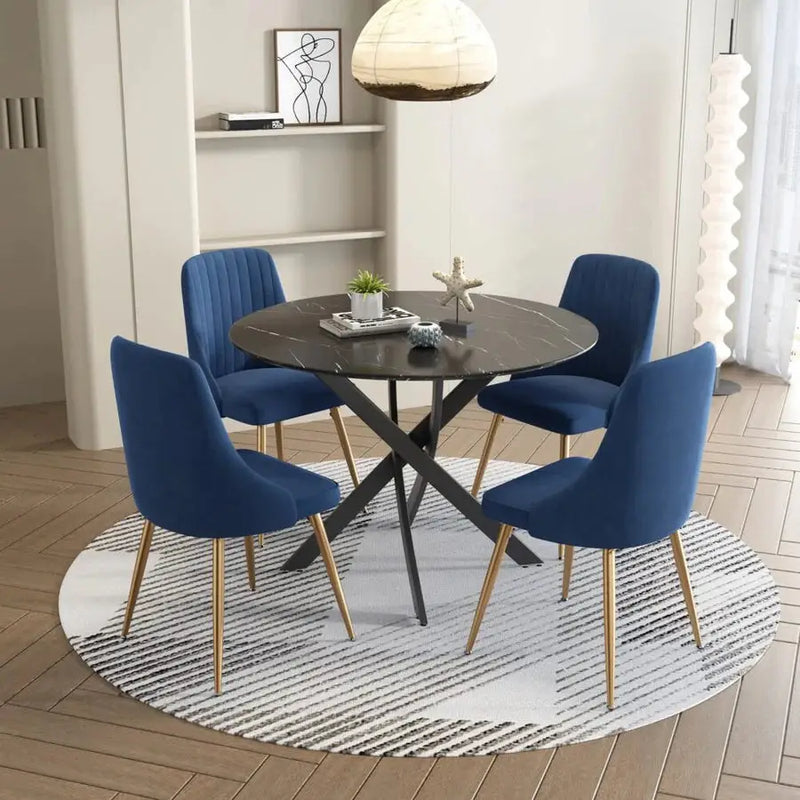Black dining room table with blue chairs