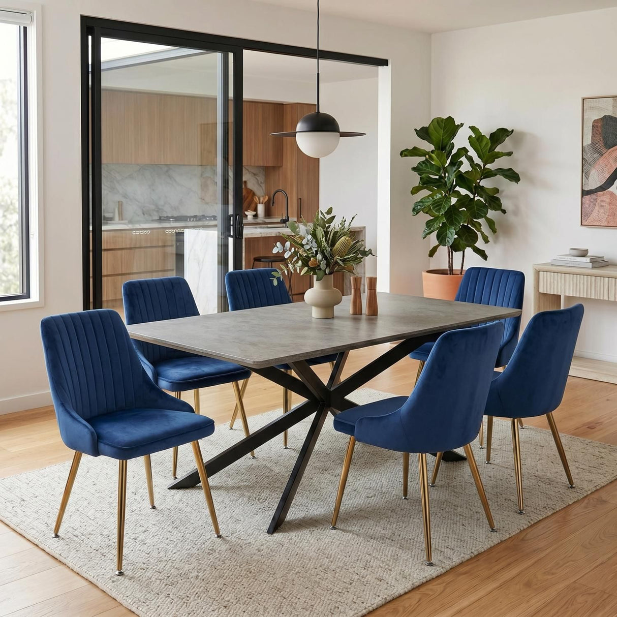 7Pc Dining Delight: Rectangular Table and Navy Velvet Chairs Dining Set