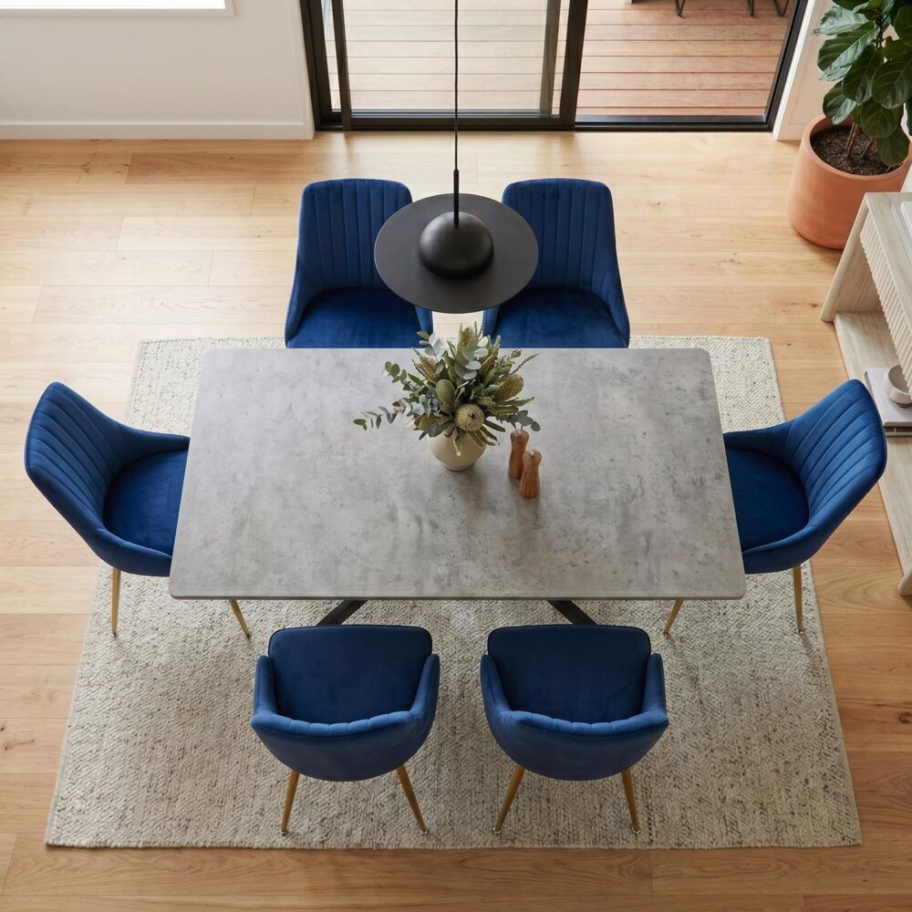7Pc Dining Delight: Rectangular Table and Navy Velvet Chairs Dining Set