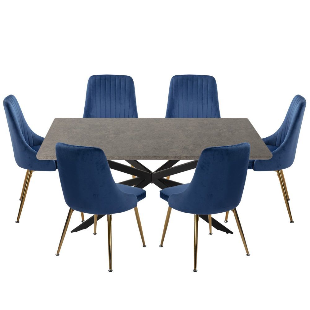 7Pc Dining Delight: Rectangular Table and Navy Velvet Chairs Dining Set