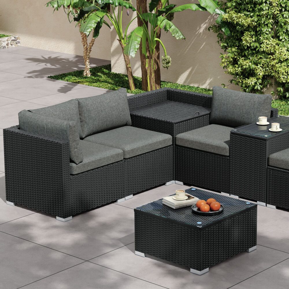 7PC Outdoor Wicker Loveseat Setting with Storage Corner (Black)