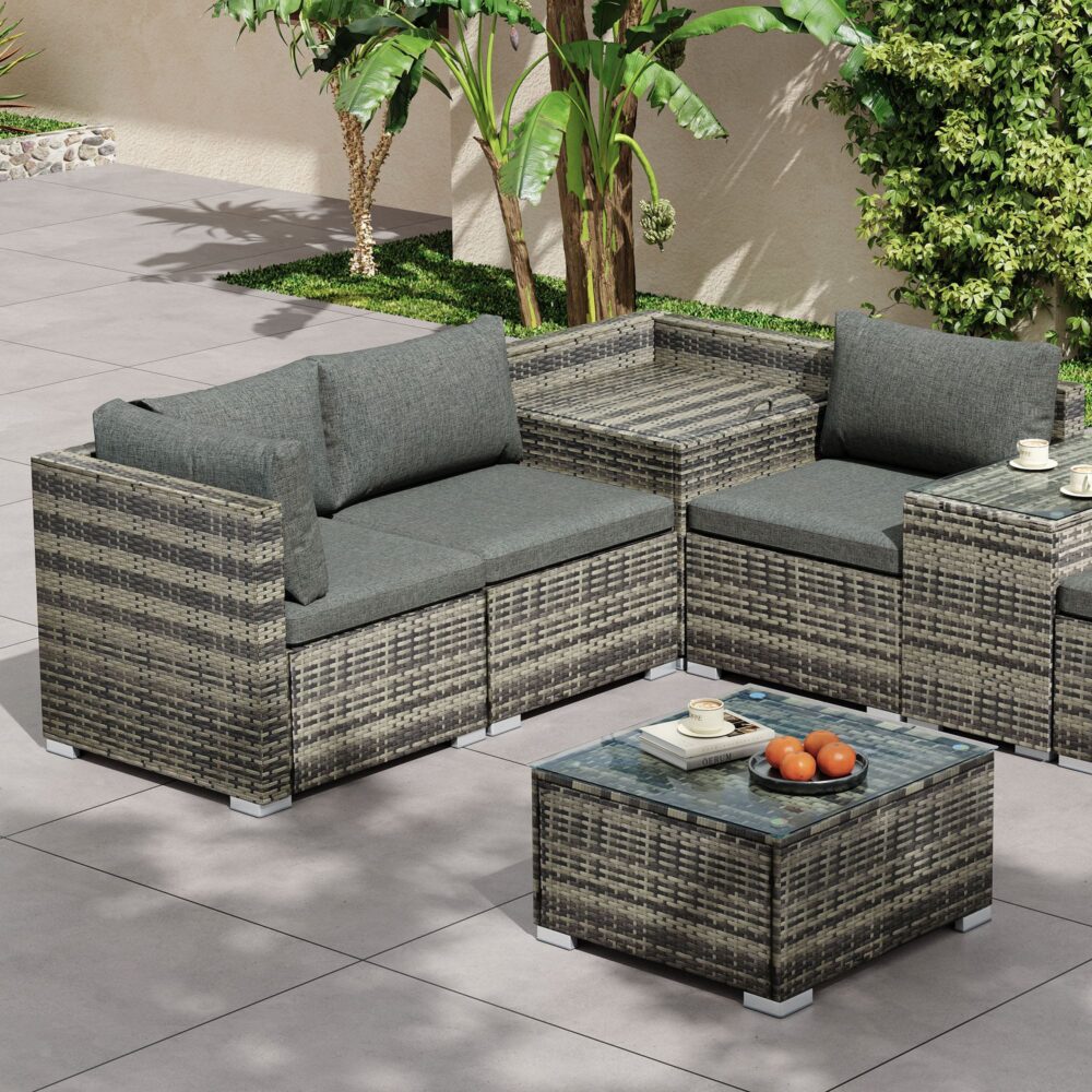 7PC Outdoor Wicker Lounge with Storage Corner (Grey)
