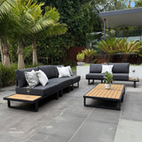 Modern Outdoor 7 Piece Lounge Set with Slatted Polywood Design Tables