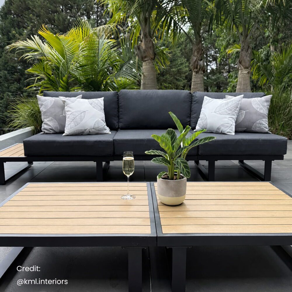 Modern Outdoor 7 Piece Lounge Set with Slatted Polywood Design Tables