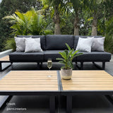 Modern Outdoor 7 Piece Lounge Set with Slatted Polywood Design Tables