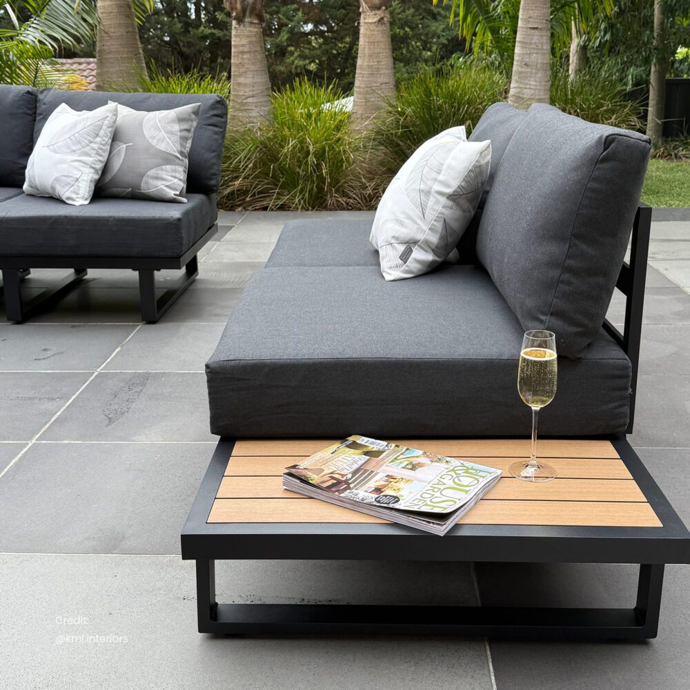 Modern Outdoor 7 Piece Lounge Set with Slatted Polywood Design Tables