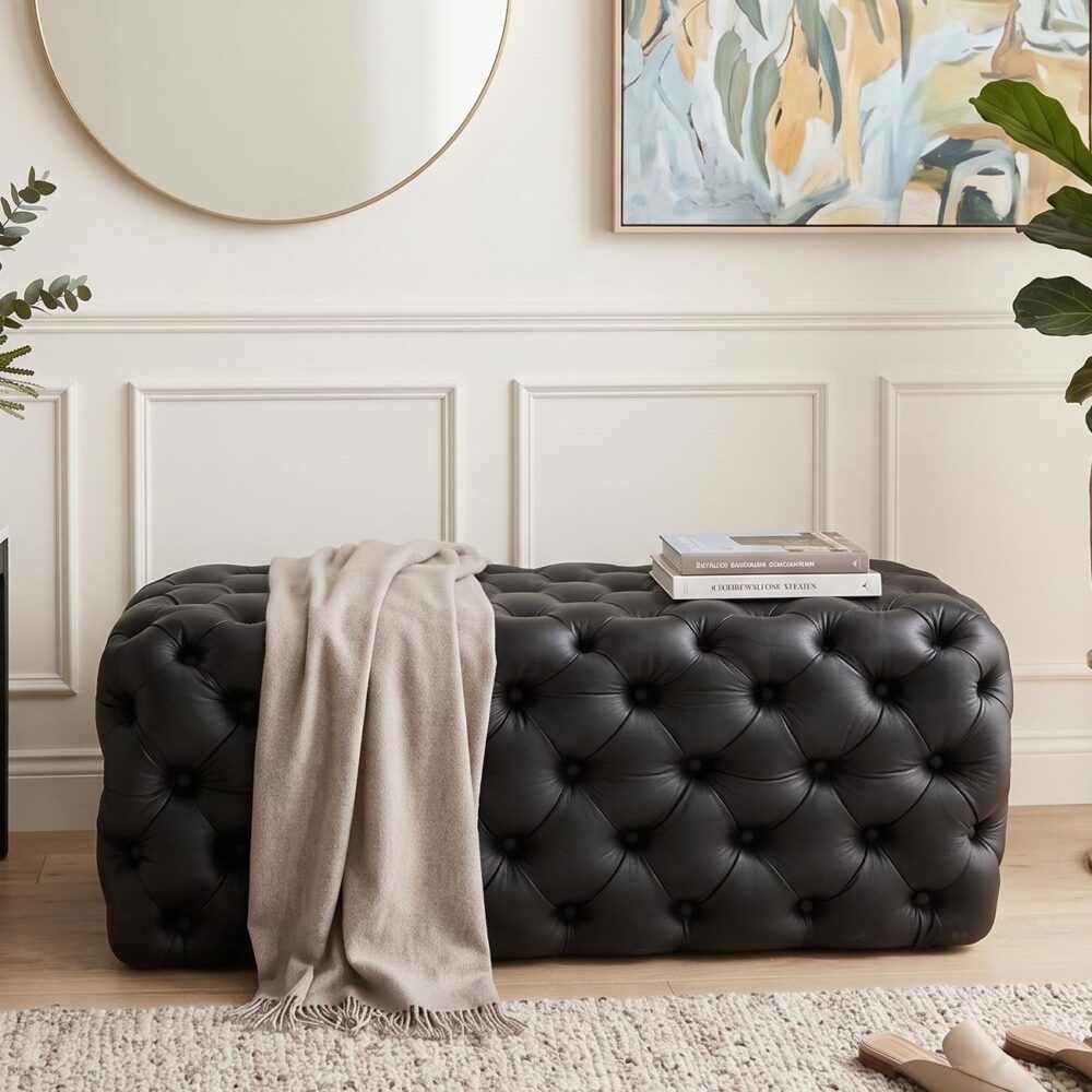 Black Leathaire Ottoman-Rectangular