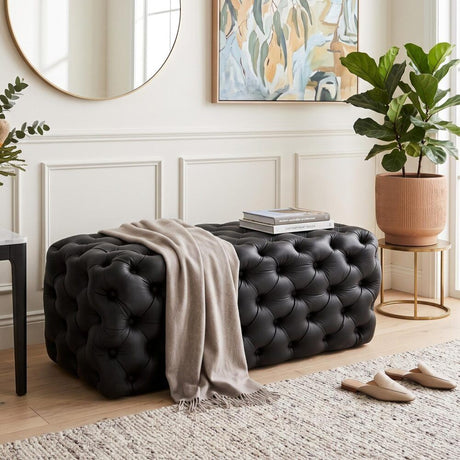 Black Leathaire Ottoman-Rectangular