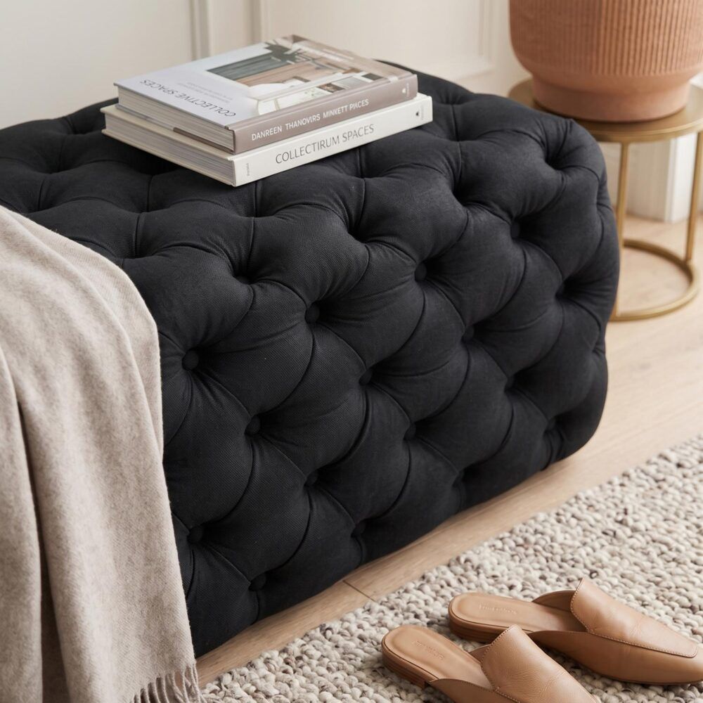 Black Leathaire Ottoman-Rectangular