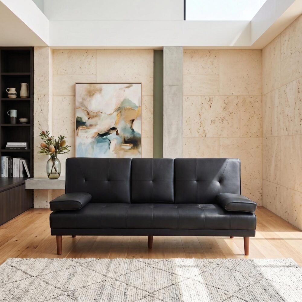 3 Seater Adjustable Sofa Bed With Cup Holder Black