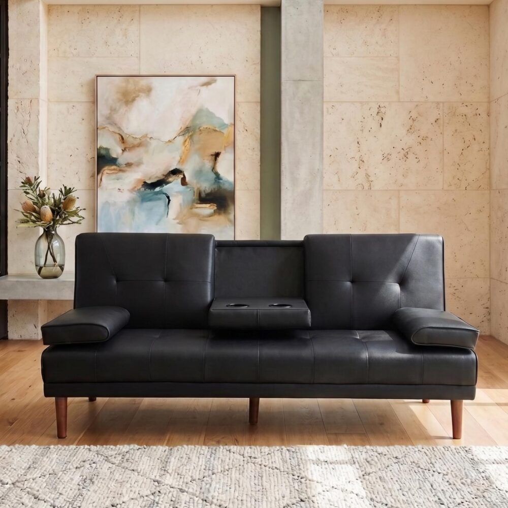 3 Seater Adjustable Sofa Bed With Cup Holder Black