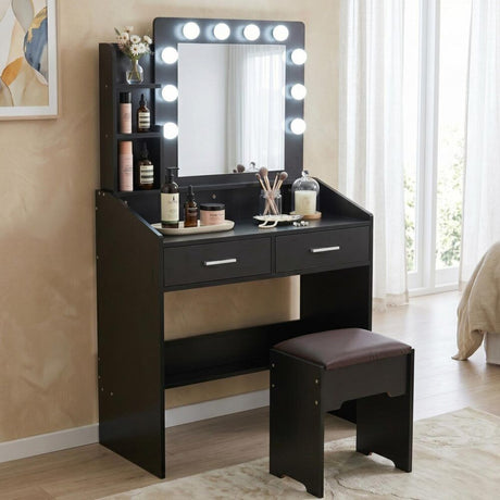 Diana Vanity Set with Shelves Cushioned Stool and Lighted Mirror- Black