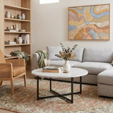 White Marble Effect Round Coffee Table with Black Legs
